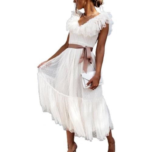 Elegant Women Solid Party Dress Formal Dress V Neck Pleated Short Sleeve Belt Large Hem Dress for Banquet Wedding Ladies Vestido
