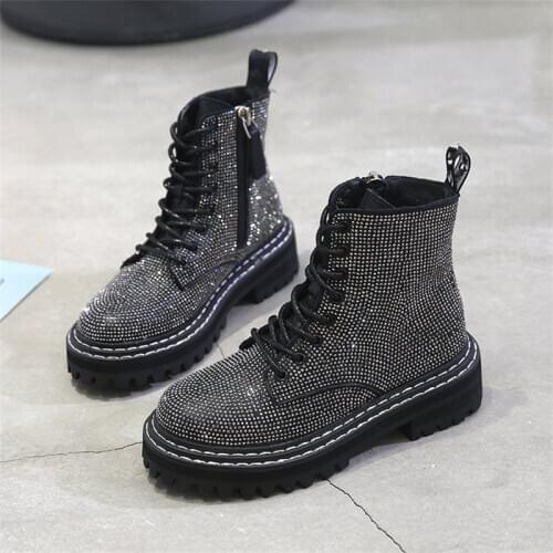 Winter women pumps dress Martin boots Platform Fashion Rhinestone lace up Round Toe mid heels snow botas women shoes