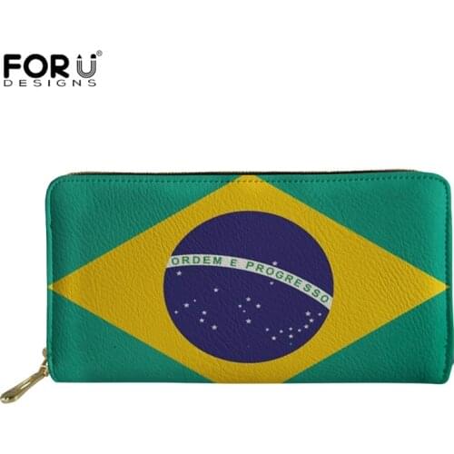 FORUDESIGNS 3D Brazil National Flag Printing Women Clutch Money Bag Pu Leather Women Luxury Purse With Zipper Credit Card Holder