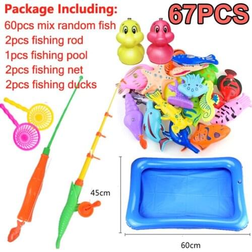 67pcs Baby Swimming Pool Magnetic Fishing Toy Set Fishing Ducks Game with Inflatable Pool Net Rod House Toys for Kids