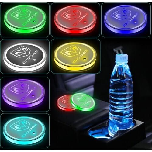 2pcs 7 Color Car Decor USB Charging LED Water Coaster Cup Holder Mat For Dodge Challenger RAM 1500 Charger Avenger Caliber Nitro