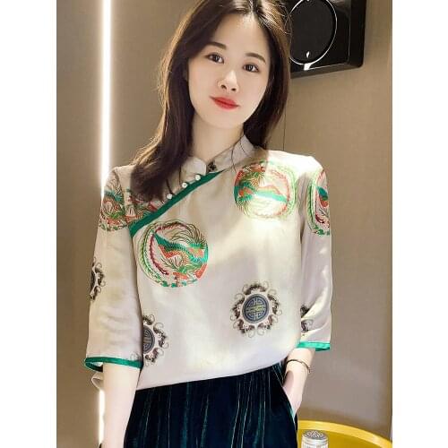 Retro Chinese-style blouse womens summer silk twill shirt improved cheongsam shirt silk shirt Blouse Tops
