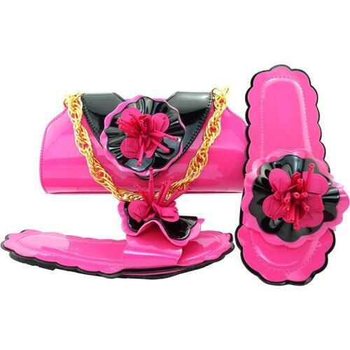 Wonderful fuchsia women sandals and bag with flower design african low heel shoes match handbag set for dress MM1053