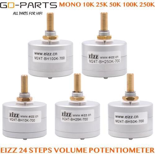 EIZZ Mono 10K 25K 50K 100K 250K 24 Steps Volume Potentiometer LOG Stepped Attenuator Serial Type 6mm Brass Shaft Hifi DIY 1PC