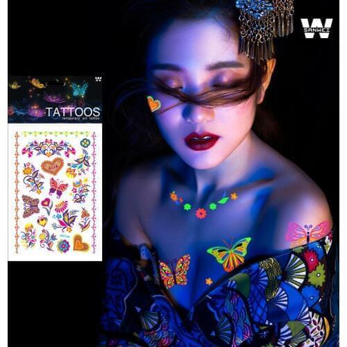 New Night Color Animal Fluorescent Flower Arm Waterproof Tattoo Stickers Bar Face Temporary Tattoos Holiday Body Tatuajes 500pcs