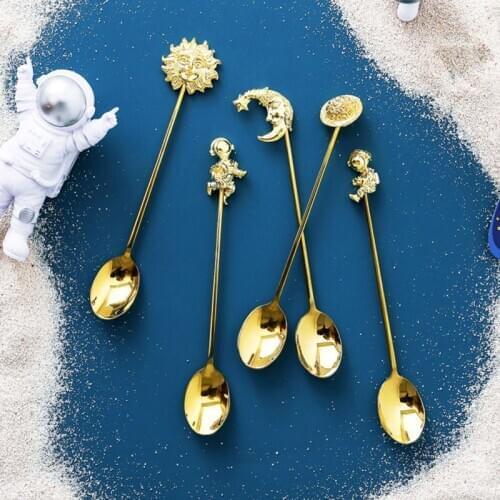 Coffe Long Handle Stirring Rod Dessert Spoons Fork Sun Moon Style Stainless Steel Snacks Fruit Fork Kitchen Tool Golden Teaspoon