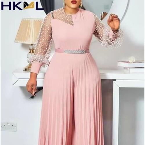 Summer Jumpsuit Women Net Yarn Splicing Perspective Solid Color Long Sleeve Fashion Sexy Jumpsuit 2021