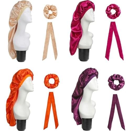 3 Pieces Satin Bonnet Sleep Cap with Hair Tie Scrunchies Set Solid Color Extra Large Elastic Band Long Silky Night M6CD