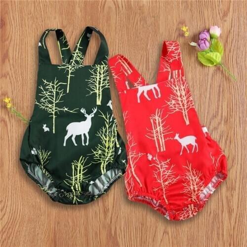 Newborn Baby’s Bodysuit Toddler Boy Girl Christmas Themed Sleeveless Backless Reindeer Print One-piece Clothes For 0-18M