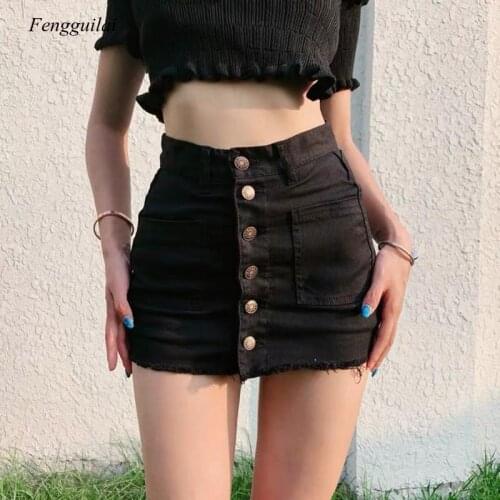 Summer Womens High Waist Bag Hip Denim Skirt All-Match Ins Fashion Single-Breasted Pocket Mini Skirt Stretch Slim Skirt