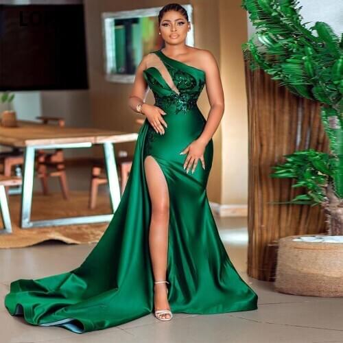 LORIE 2020 Arabic Aso Ebi Green Mermaid Evening Dresses One Shoulder Lace Prom Dresses High Split Formal Party Reception Gowns