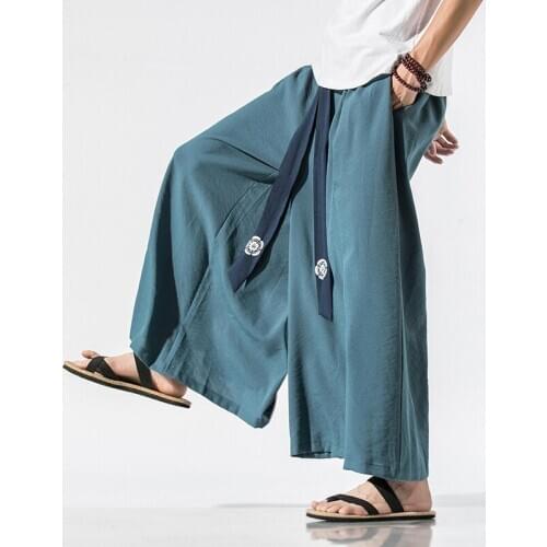 M-3XL Plus Size Japan Style Hip Hop Wide Leg Pants Men Fashions Streetwear Ankle Length Linen Trousers Men Loose Pants for Men
