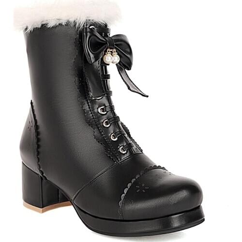2020 New Lolita Style Bowknot Womens Boots Wavy Side Cross Straps Thick Heel Ankle Boots Plush Boots Kawaii Shoes
