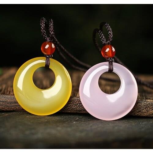 Real yellow pink chalcedony donut necklace pendant handmade sweet and fresh gemstone jewelry