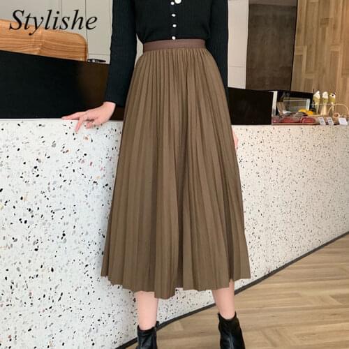 Harajuku Black Pleated Skirt Elastic High Waisted Skirts for Women Spring Autumn 2021 Students Girls Midi Long Skirt Coffee