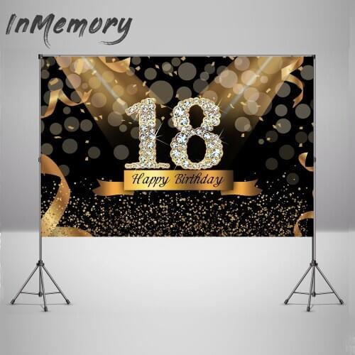 Happy 18 Birthday Backdrop Banner Black and Gold Sign for Party Decorations Large Birthday Party Decorations Photo Background