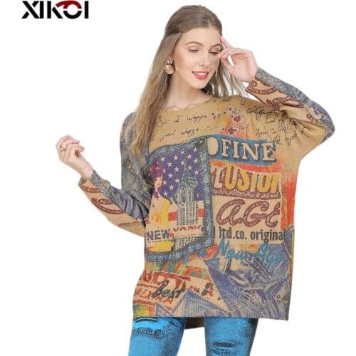 XIKOI Winter Modern Girl Print Sweater For Women Pullovers Knitted O-Neck Jumper Oversized Warm Sweaters High Elastic Pull Femme