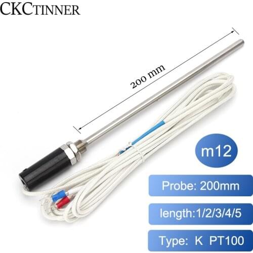 Thermocouple 200mm Thread M12 Type K PT100 Temperature Sensor Length 1/2/3/4/5M 0-600°C Probe Temperature Controller Screw Probe