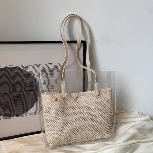 Vintage Transparent Shoulder Straw Bag for Women 2021 New Summer Woven Fashion Large Capacity Casual Composite Tote Bags Handbag