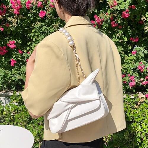 Vintage Women Bowknot PU Leather Pearl Chain Underarm Shoulder Bag Casual Ladies Solid Color Small Flap Handbags Purse
