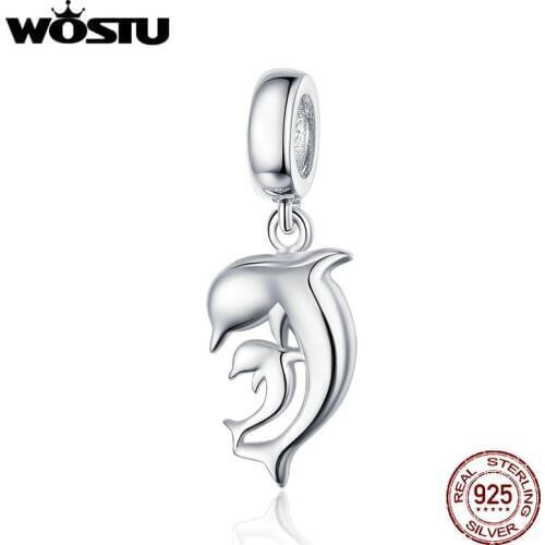 WOSTU Dolphin Animal Floating Dangle Charm 925 Sterling Silver Beads Fit Original Bracelet Pendant Silver 925 Jewelry CQC1206