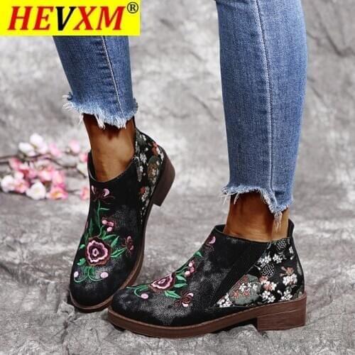 2021 Vintage Embroidery Flower Ankle Boots Women Shoes Woman Genuine Leather Splicing Zipper Casual Women Boots Botas Mujer