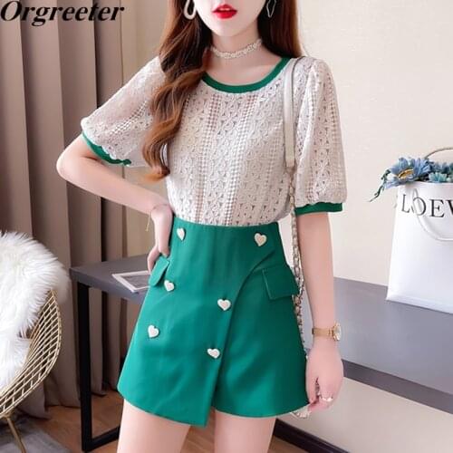 Summer New Sweet Bow Hollow out Puff sleeve Lace Blouse Top + Heart shape Button Deco Irregular Skirt Two piece set Women