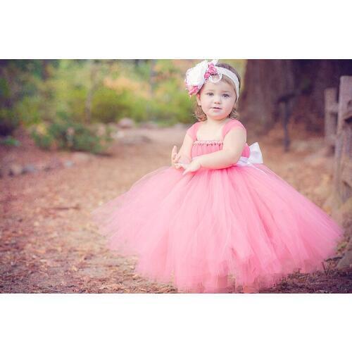 Candy Color Girls Pink Long Tutu Dress Kids Fluffy Tulle Princess Wedding Dresses with Satin Bow Waist Children Party Tutus 1Pcs