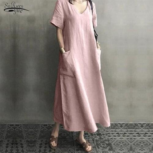 2021 Cotton Linen V-neck Maxi Dress Women Summer Vintage Plus Size M-5XL long dress Casual Short Sleeve Pockets Vestidos 10139