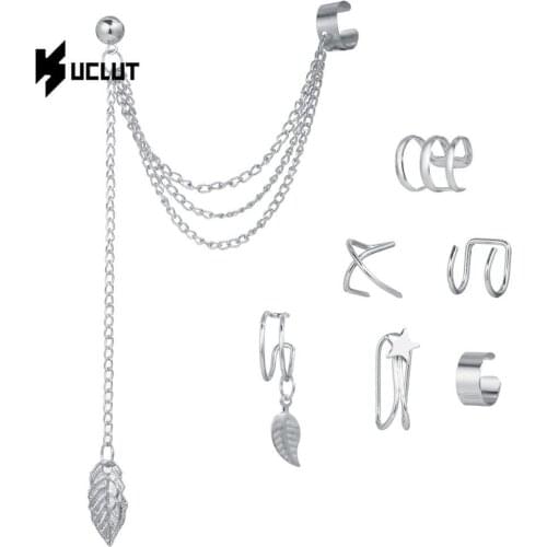 7pcs Fashion Gold Star Leaves Non-Piercing Ear Clip Earrings for Women Simple Cartilage Ear Cuff Jewelry Clip Accessories