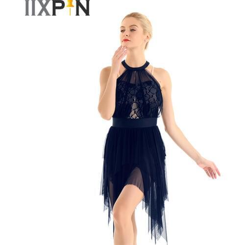 Asymmetric Figure Skating Ice Dance Lyrical Dance dress Halter Neck with Spaghetti Shoulder Straps Lace Bodice Leotard Dress