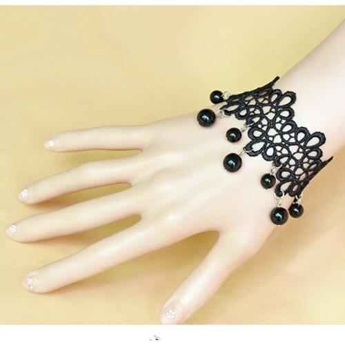 Gothic Sexy Black Lace Bracelets For Women Beads Chain Tassel Charm Bracelet Statement Wristbands Fashion Jewelry Accessories