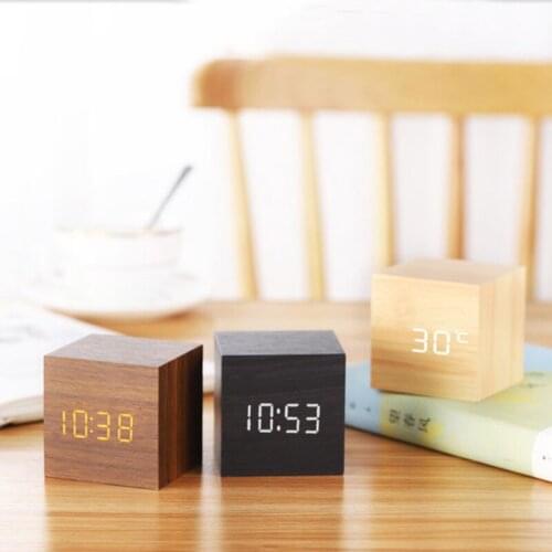 Digital Thermometer Alarm Clock Wooden LED Backlight Voice Control Retro Glow Watch Desktop Table Luminous Clock Home Decoration