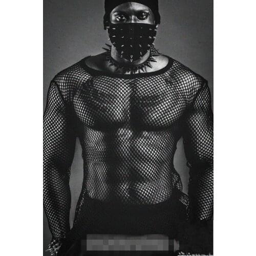 T Shirt Men Korean Young Round Neck Mesh Hollow Sexy Slim Bottoming Long-sleeved T-shirt Personality Nightclub Bar Host Top