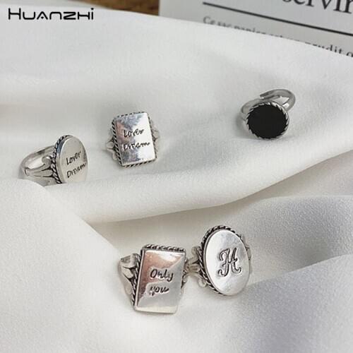 HUANZHI 2020 New Vintage Rectangle Coin Geometric Letter Simple Tibetan Silver Metal Rings for Women Men Jewelry