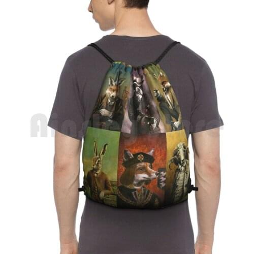 Historical Clothed Animals Montage Backpack Drawstring Bag Riding Climbing Gym Bag Animals Gangster Fox Boston Terrier Dog