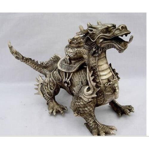 Collectibles Huge Tibetan Silver luck Dragon Statue Buddhist brass coated Decorated Material Old Decoration real Brass