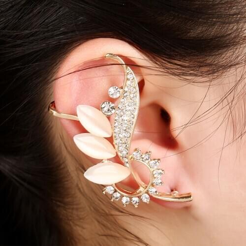 Hot sell Cute style girls opal clip earrings women fashion jewelry rhinestone ear bones clip leaves ear cuff party accessories