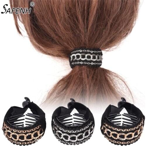 Fashion Women Gold Pink Black Chain Hair Clip Barrette Ponytail Holder Weaving Grasping Folder Clip Horse Tail Buckle Hairpin