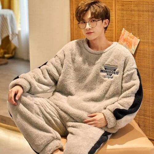 Men Luxury Flannel Pyjamas Sets Winter Super Warm Pijamas Fashion Letter Sleepwear Suit Casual Nightwear Top +Pant Leisure 4XL