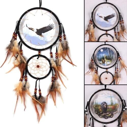 Eagle Bear Wolf Design Handmade Dream Catcher With Feathers Animal Pattern Car Wall Hanging Decorations Ornament Dream Catcher
