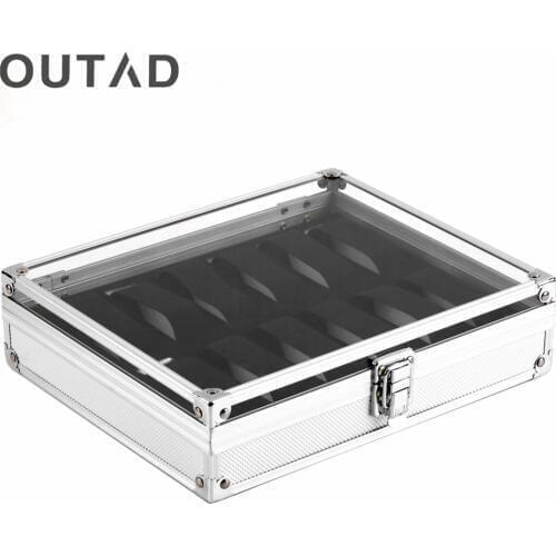 OUTAD 12 Grid Slots Jewelry Watches Display Storage Square Box Case Aluminium Suede Inside Holder Luxury Gift Winder Organizer