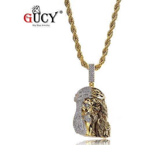 GUCY Gold Image Of Jesus Necklace & Pendant With Tennis Chain Gold Color Iced Out Cubic Zircon Mens Hip Hop Jewelry Gift