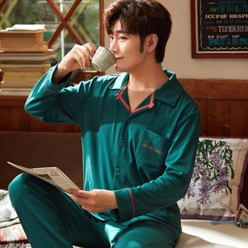 Spring Autumn Long Sleeve Long Pants Cotton Pajamas For Men Cartoon Sleepwear Set Green Casual Nightwear Men Night Suit Homewear