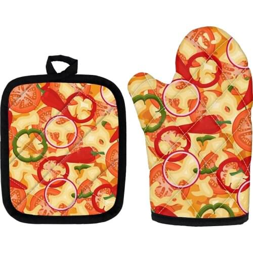 Funny Pizza Donuts Design Kitchen Gloves Insulation 3D Food Print Cooking Microwave Gloves Baking BBQ Oven Mitts Potholder Pad