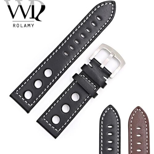 Rolamy 22mm Real Calf Leather Handmade Black Brown with White Stitches Wrist Watch Band Strap Buckle For Tissot Tag Heuer IWC