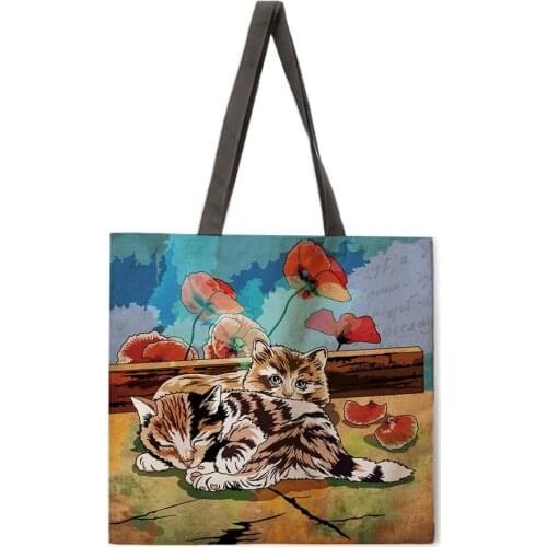 Comic cat print tote bag reusable beach bag linen casual womens shoulder bag foldable shopping bag