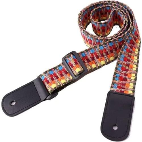 Knitted Rainbow Color Folk Style Guitar Strap Adjustable with Leather Ends for Acoustic Classical Electric Guitar Bass Ukulele