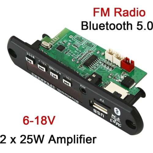 6V 18V 2*25W Amplifier MP3 Player Decoder Board Bluetooth 5.0 50W Amplifier Car FM Radio Module Support TF USB AUX play music