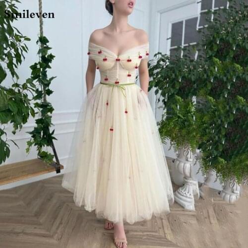 Smileven Beige Short Prom Dresses Off The Shoulder A Line Ankle Length Evening Dress Party dresses Detachable Belt Custom Made